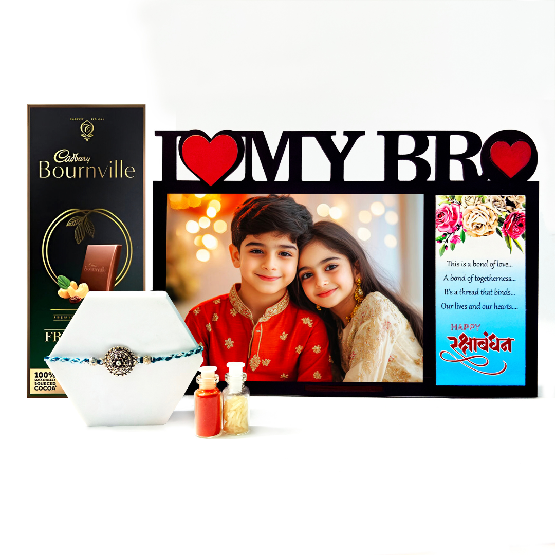 Personalized Photo Frame Rakhi Combo with Chocolate, Rakhi, Kumkum & Chawal