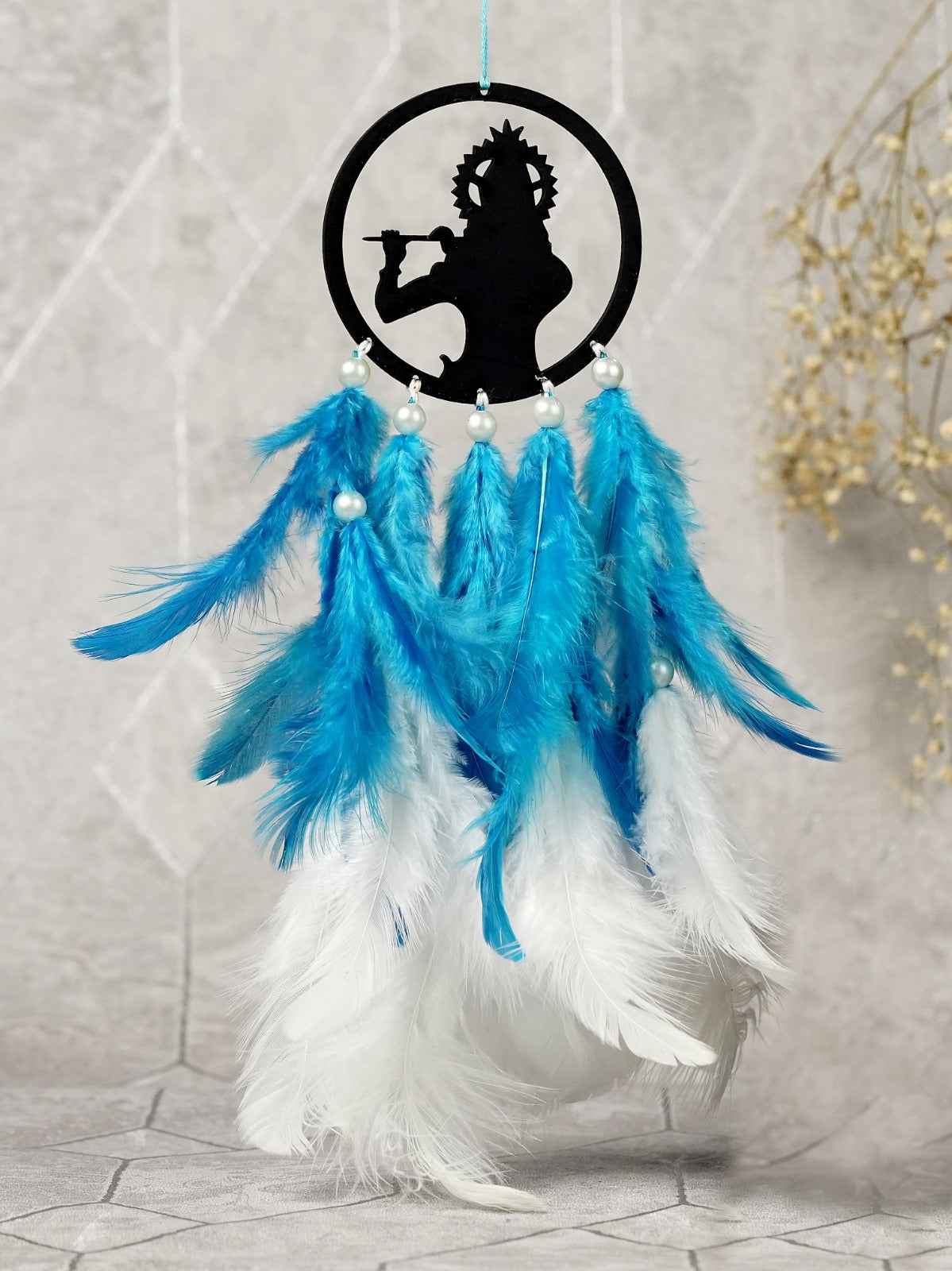 White Krishna Theme Car Dream Catcher with Rakhi – Spiritual Rakshabandhan Gift Combo