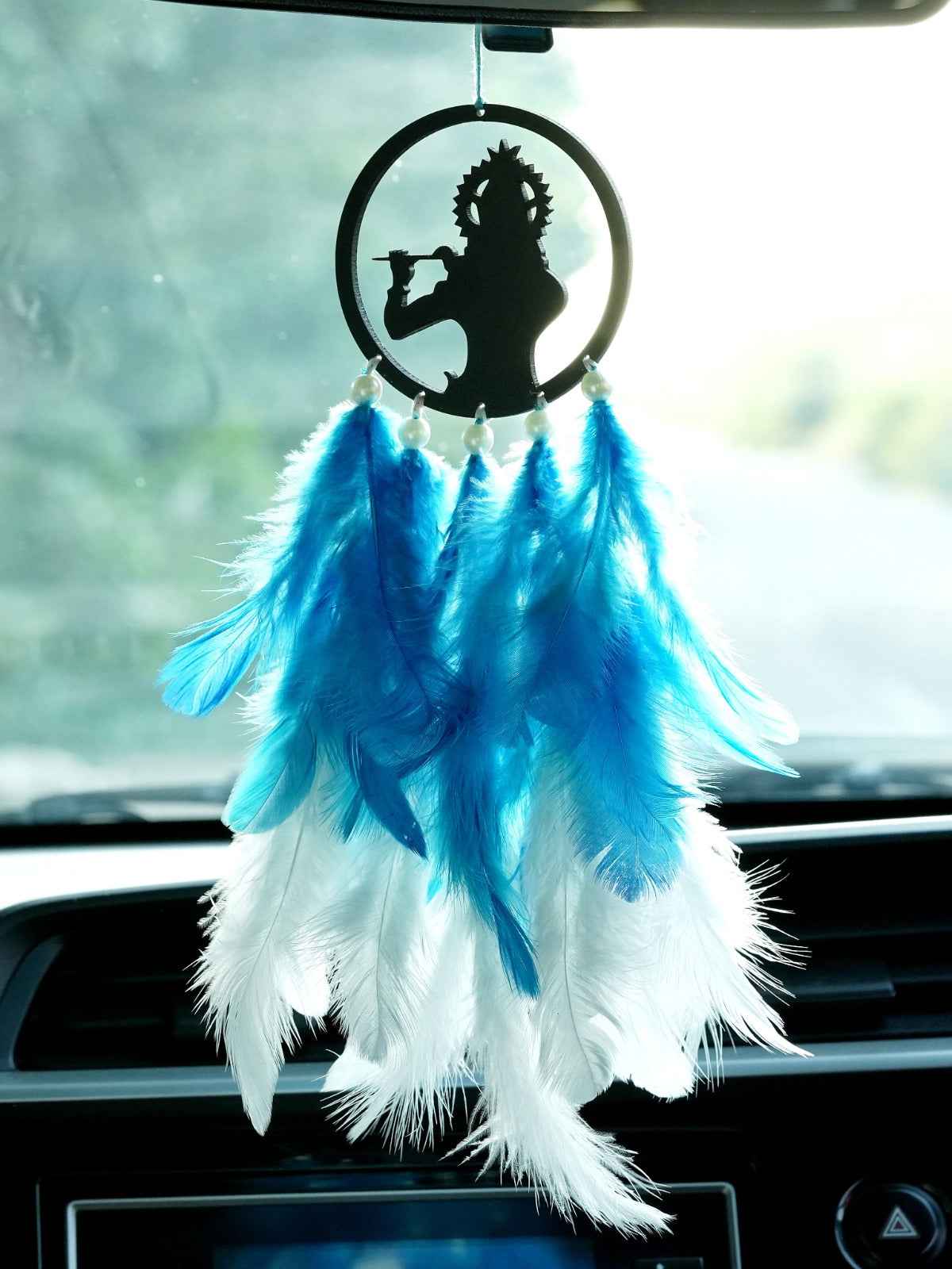 White Krishna Theme Car Dream Catcher with Rakhi – Spiritual Rakshabandhan Gift Combo