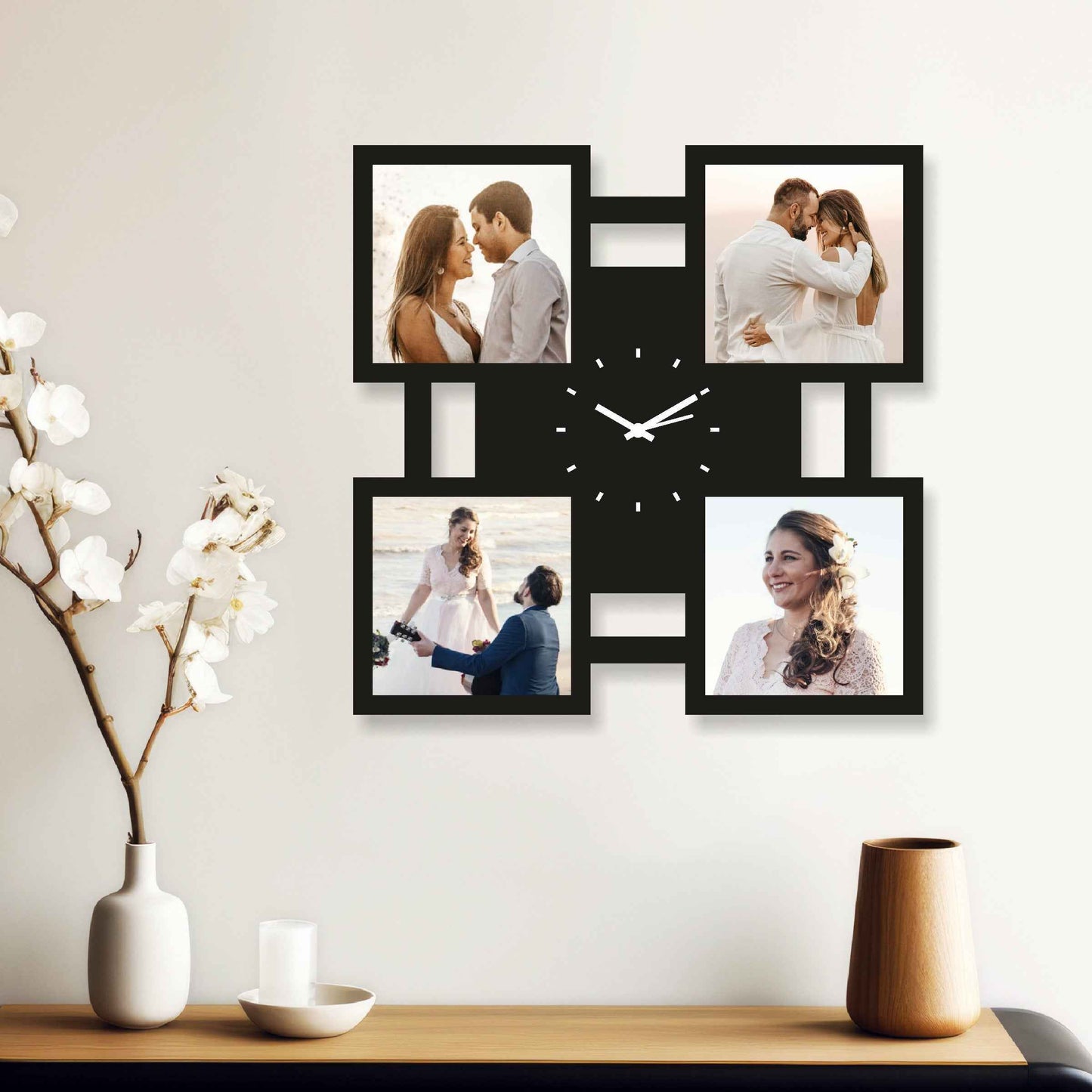 Large Square Personalized Wall Clock – Display 4 Photos and a Custom Message - Amoreta