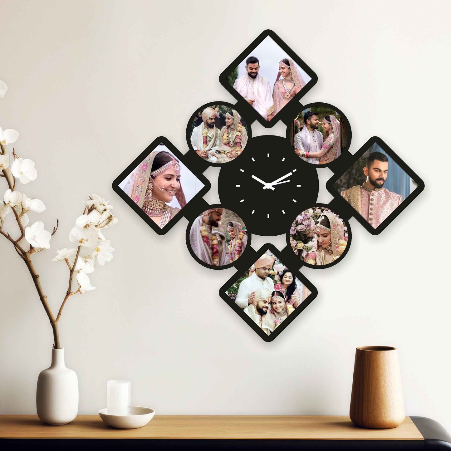 Large Diamond-Shaped Personalized Photo Wall Clock – Display 8 Special Memories - Amoreta