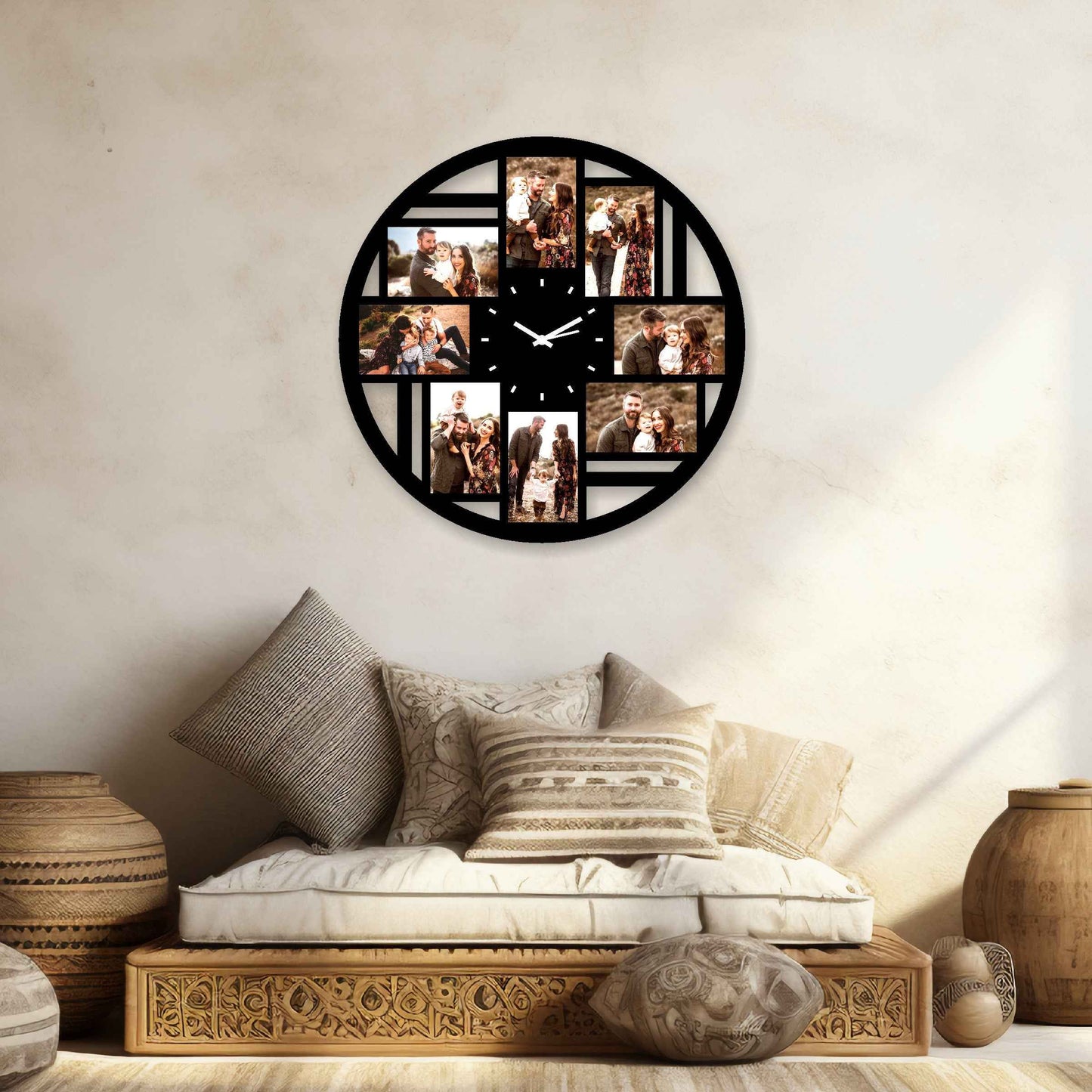 Large Round Designer Wall Clock – Personalize with 8 Photos and Your Special Message - Amoreta