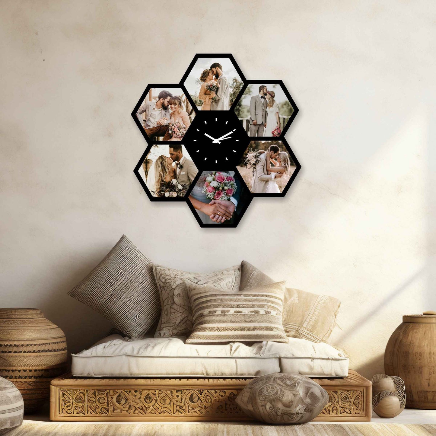 Large Hexagon-Shaped Personalized Photo Wall Clock – Capture 6 Special Memories - Amoreta