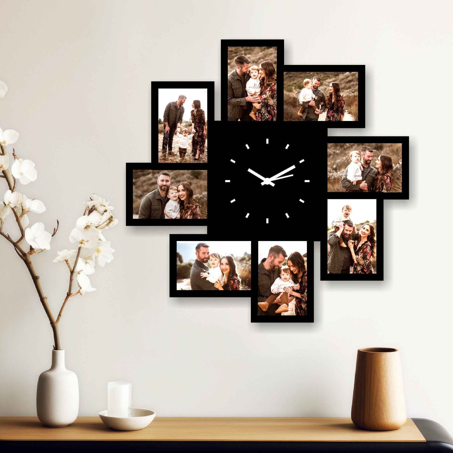 Large Square Designer Wall Clock – Personalize with 8 Photos and Your Special Message - Amoreta