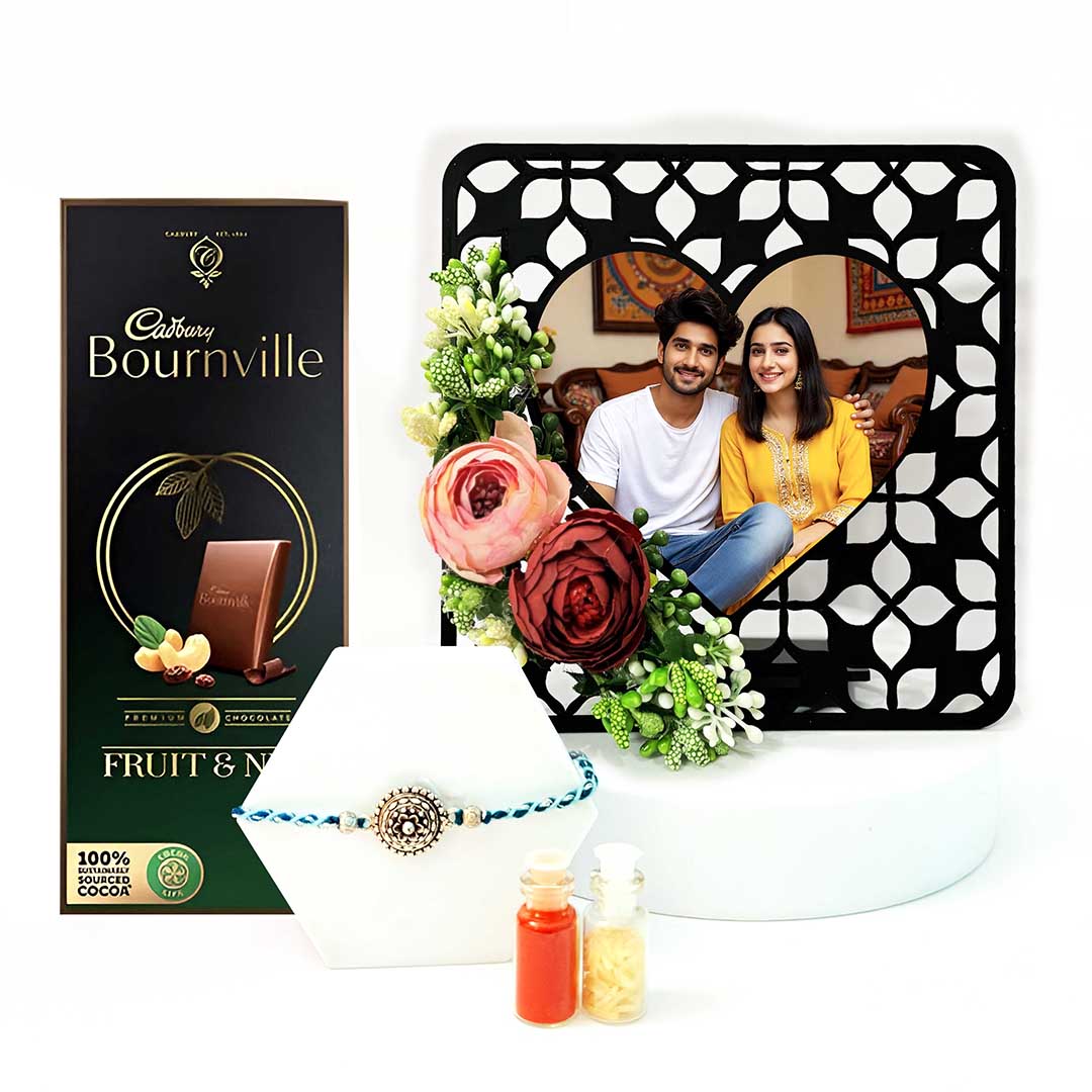 Personalized Floral Square Photo Frame with Rakhi, Chocolate, Kumkum & Chawal