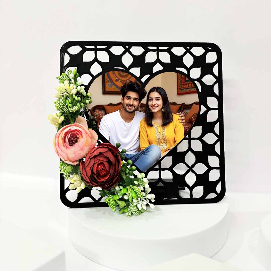 Personalized Floral Square Photo Frame with Rakhi, Chocolate, Kumkum & Chawal