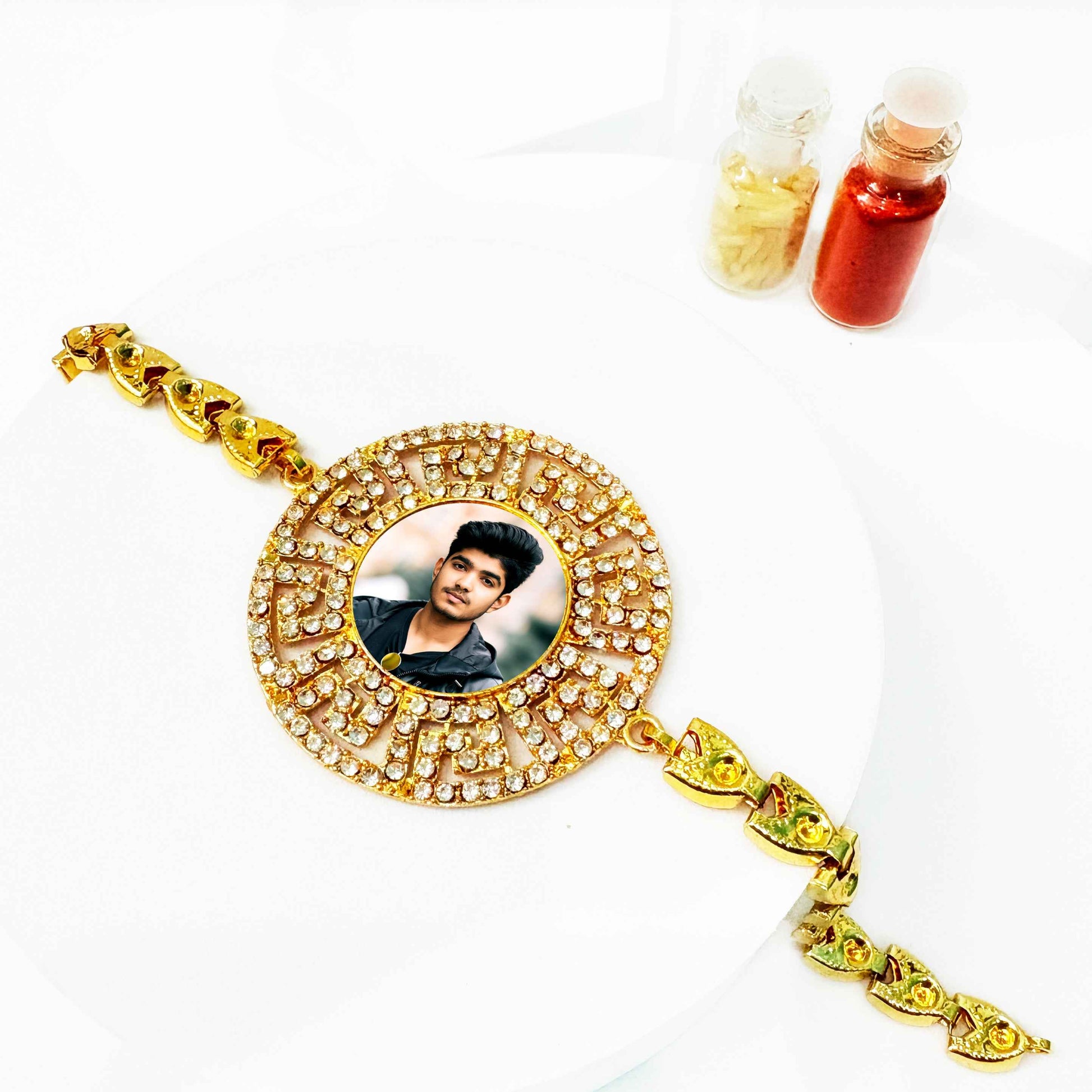 Customized Bracelet Rakhi with Dry Fruits & Chocolate Gift Combo