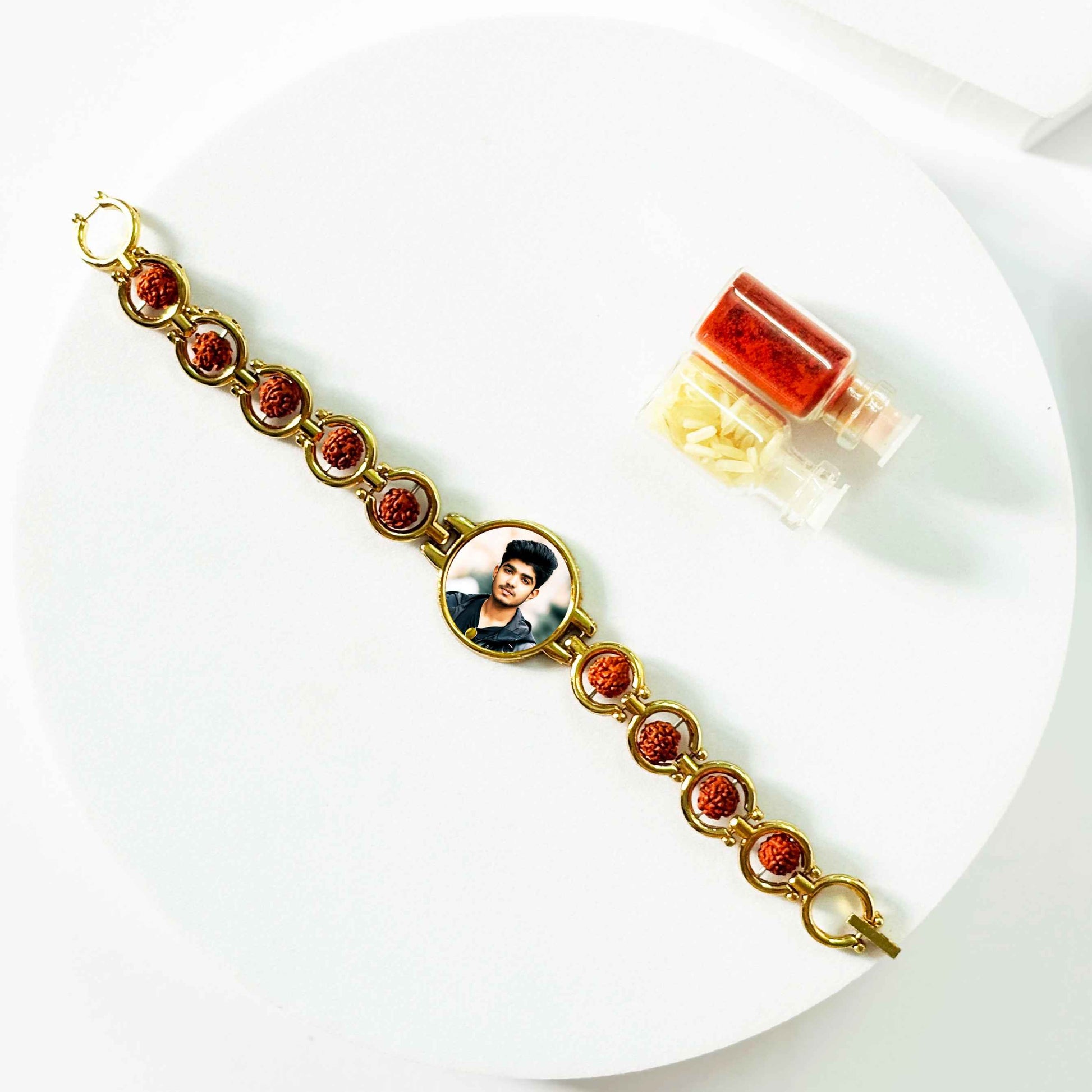 Customized Photo Bracelet Rakhi with Rudraksh