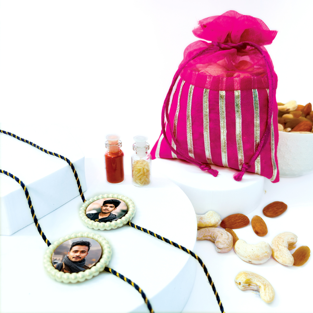 Customized Pearl Rakhi (Set of 2) with Dry Fruits & Chocolate Gift Hamper
