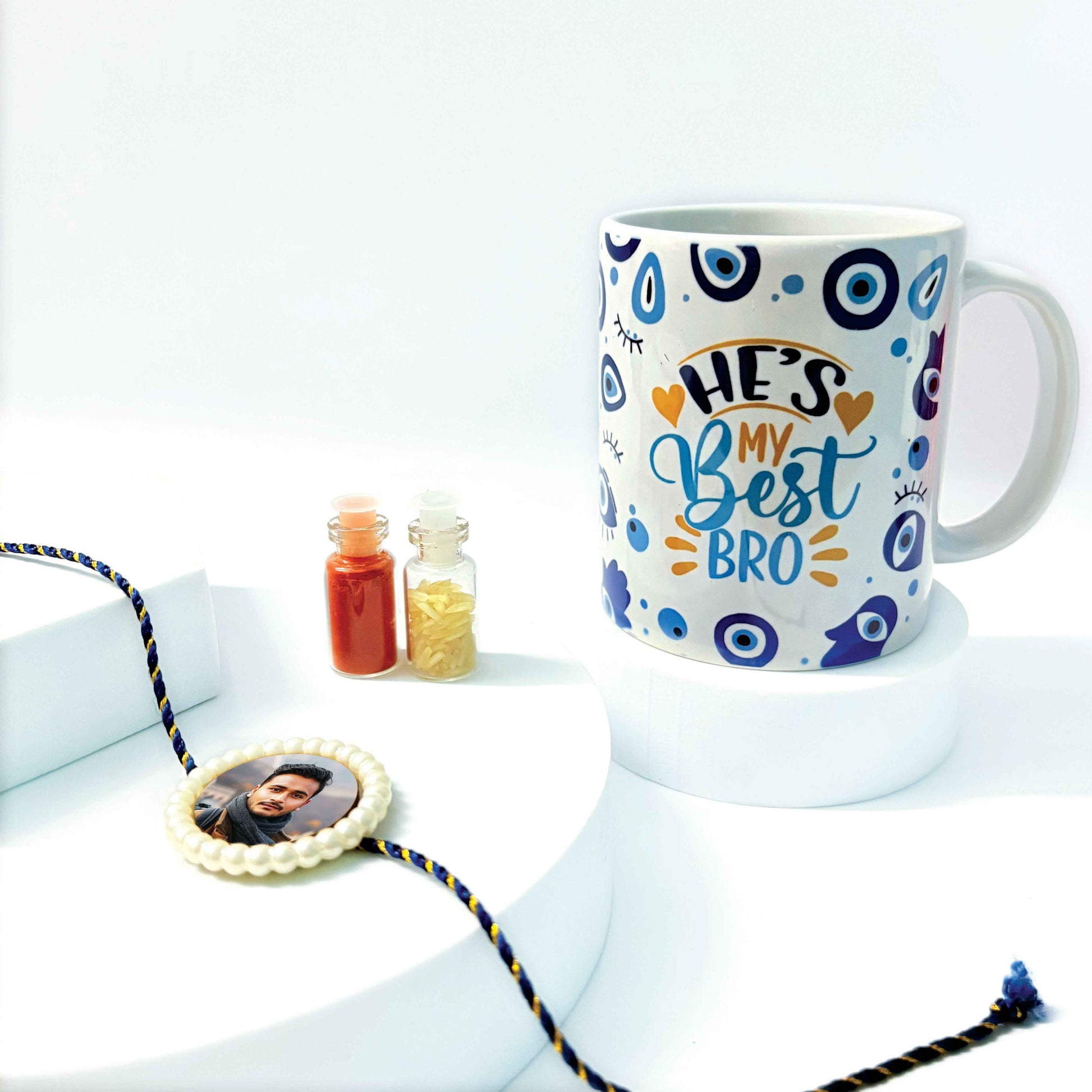 Personalized Pearl Rakhi with Evil Eye Coffee Mug – Rakshabandhan Gift Combo