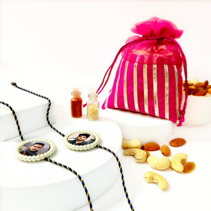 Personalized Pearl Rakhi (Set of 2) with Assorted Dry Fruits – Rakshabandhan Gift Combo