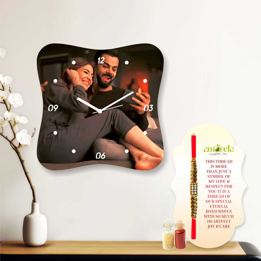 Rakhi Gift For Brother - Customized Curve Shape Photo Clock With Rakhi (12x12 inch)