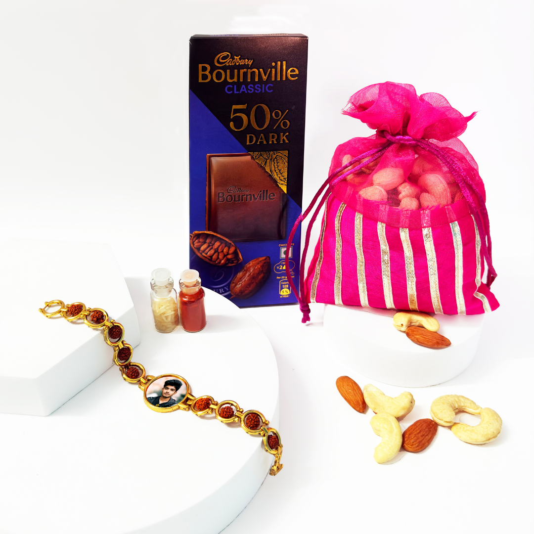 Customized Rudraksh Bracelet Rakhi with Chocolate & Dry Fruits Gift Hamper