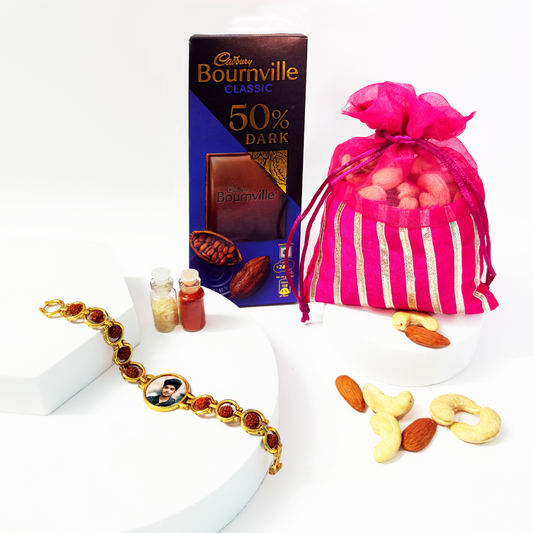 Customized Rudraksh Bracelet Rakhi with Chocolate & Dry Fruits Gift Hamper