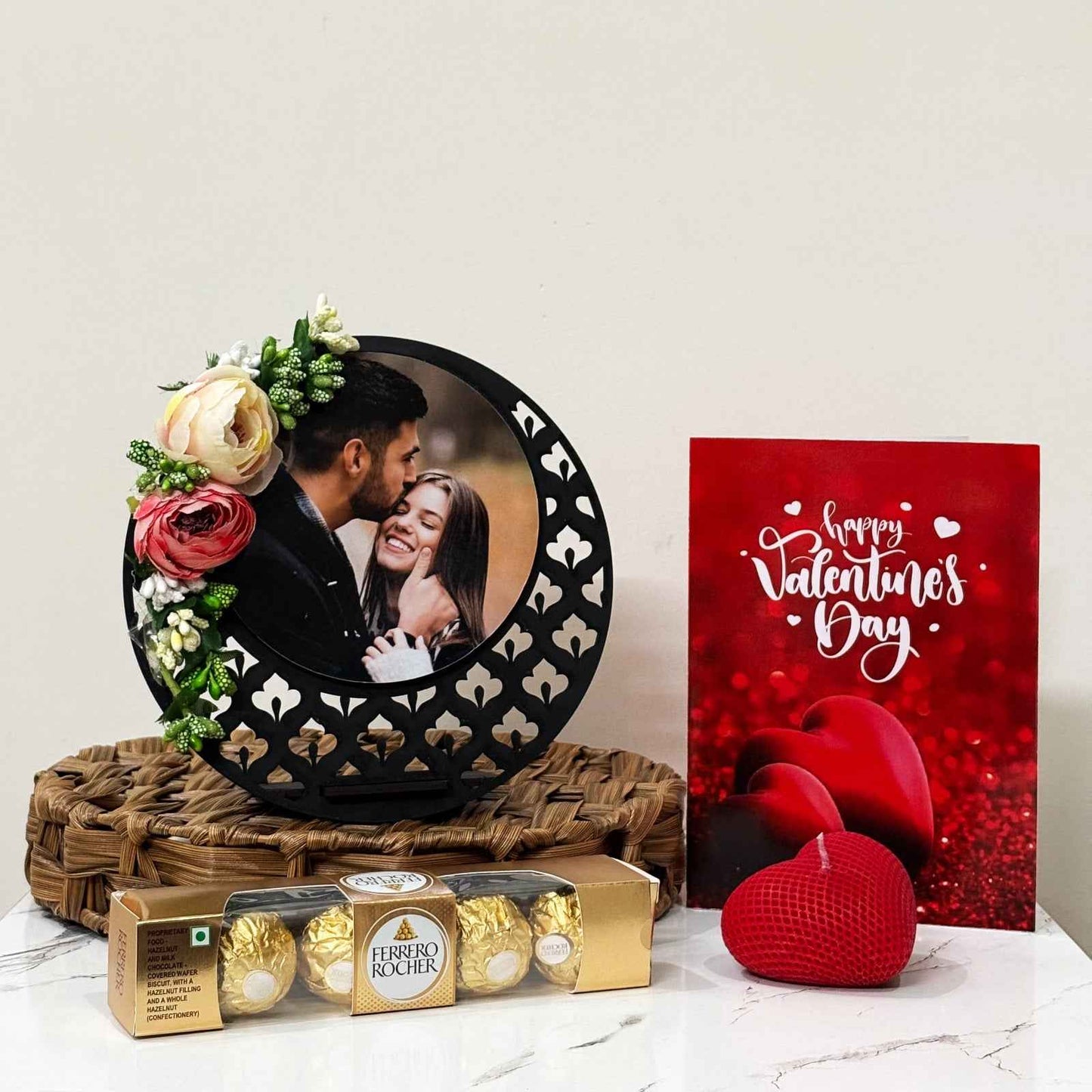 Valentine Personalized Gift Hamper with Table Frame, Greeting Card, Candle, and Chocolates - 1 Photo for customization