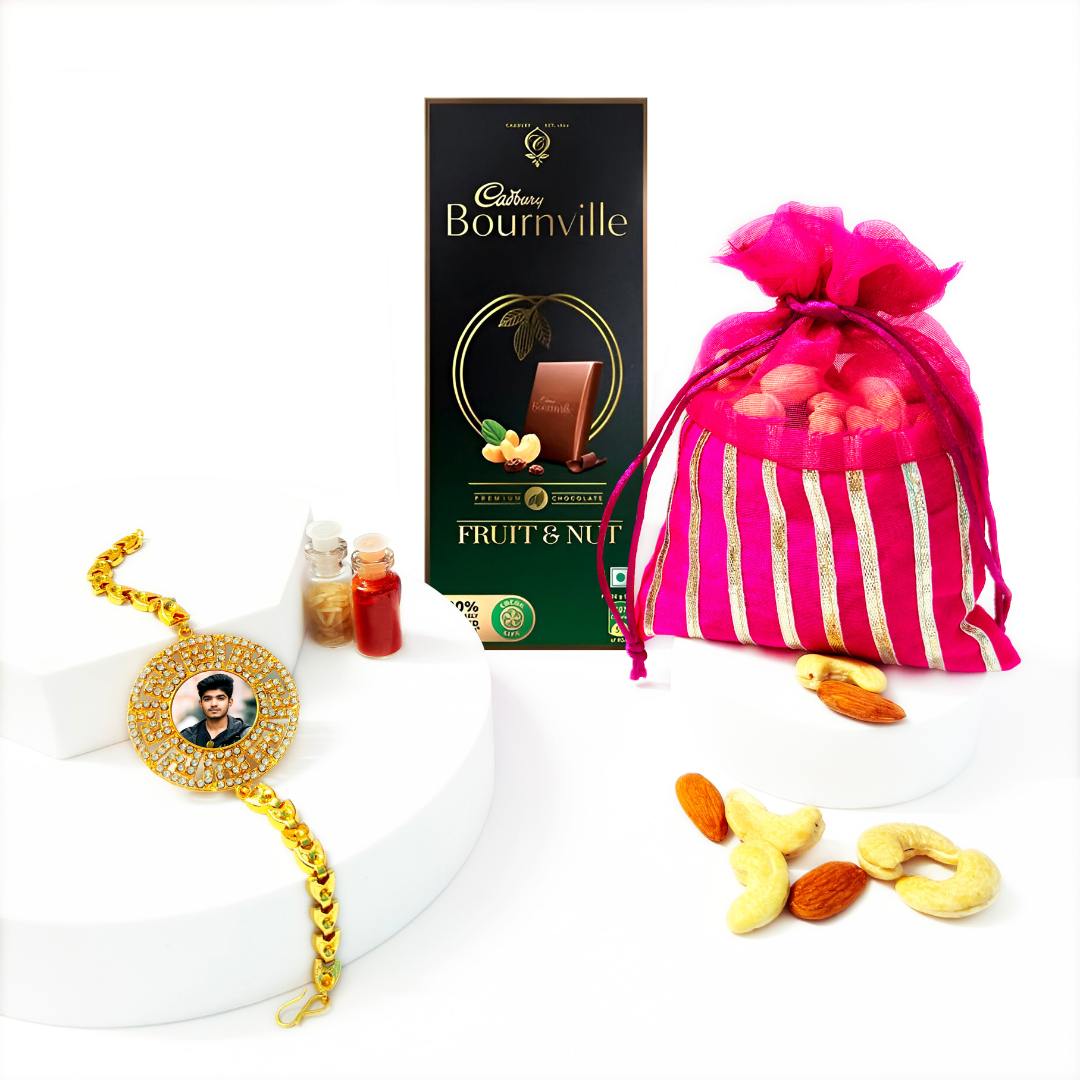 Customized Bracelet Rakhi with Dry Fruits & Chocolate Gift Combo