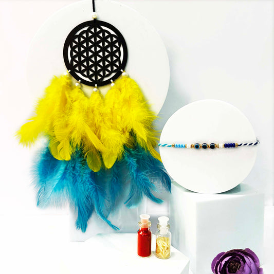 Designer Car Dream Catcher with Evil Eye Rakhi – Rakshabandhan Protection Combo Gift Hamper