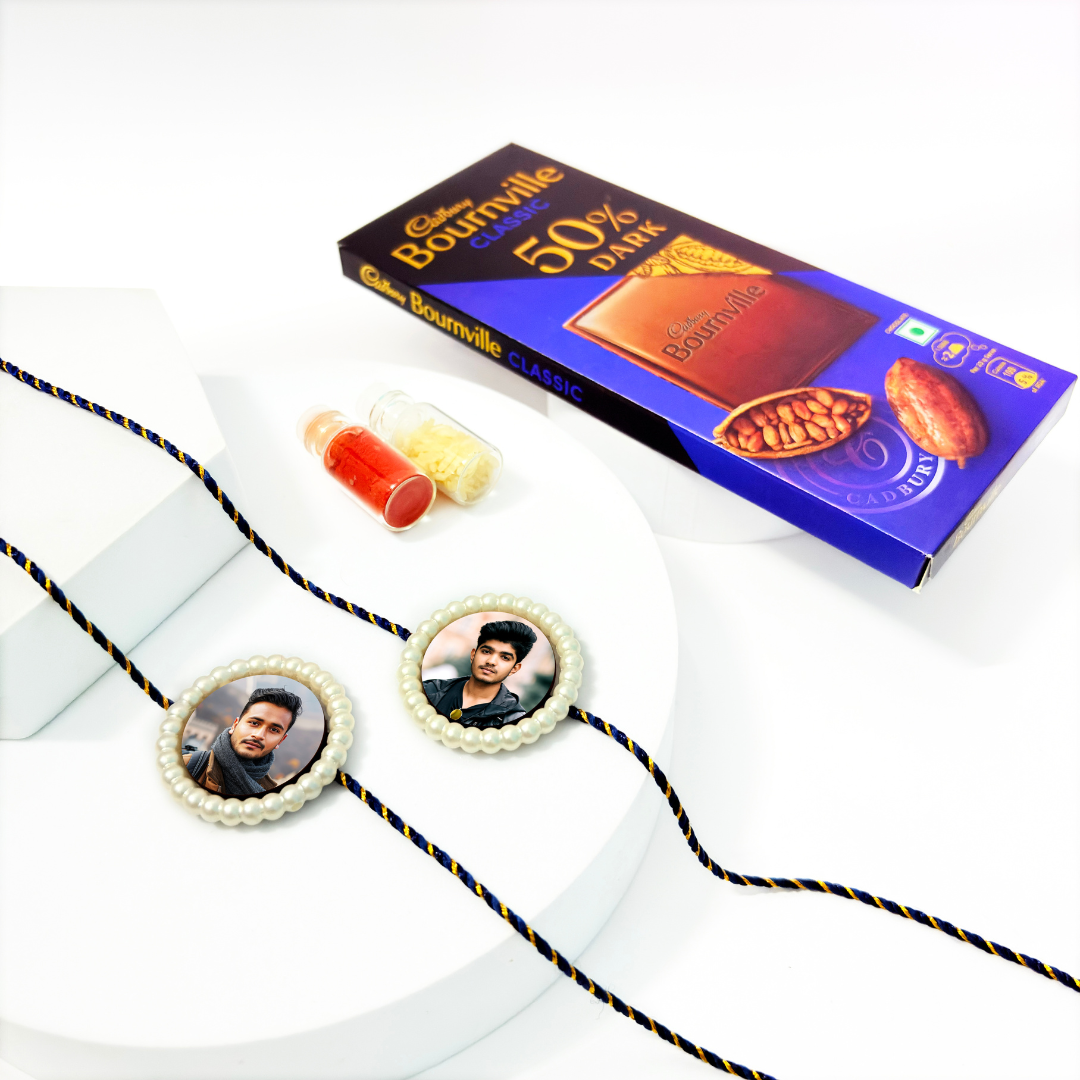Customized Pearl Rakhi (Set of 2) with Chocolate Gift Combo