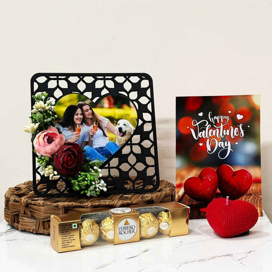 Valentine Personalized Gift Hamper with Square Table Frame, Greeting Card, Candle, and Chocolates - Share 1 photo for Customization