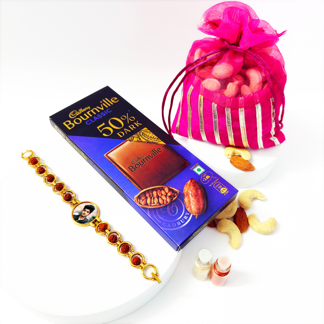 Customized Rudraksh Bracelet Rakhi with Chocolate & Dry Fruits Combo