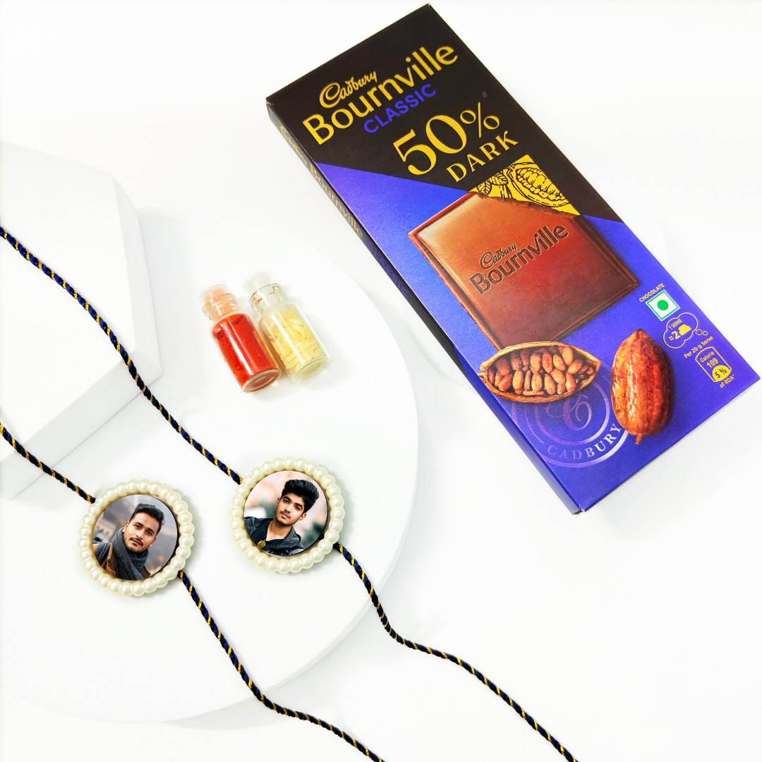 Customized Pearl Rakhi (Set of 2) with Chocolate Gift Combo