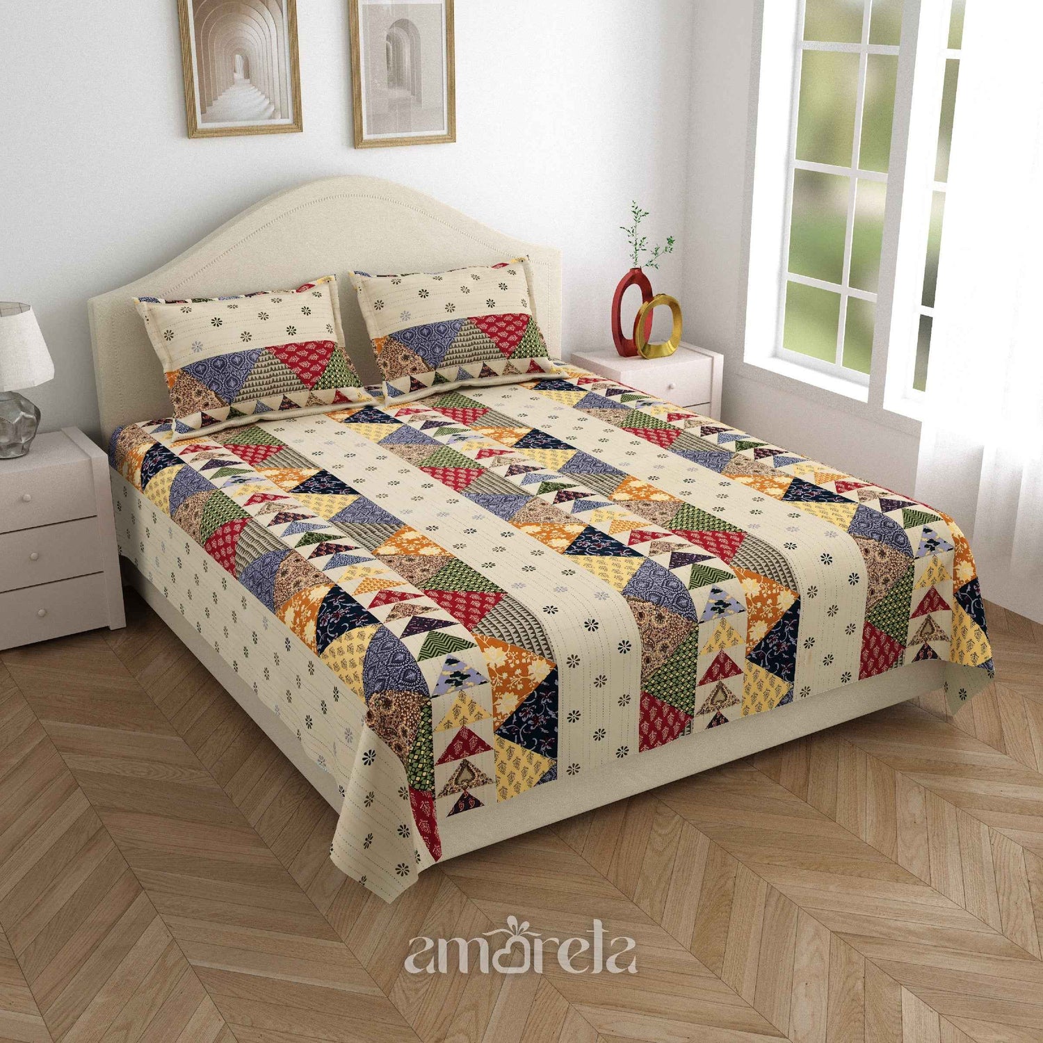 King Size Bed Sheet Set – 100% Pure Twill Cotton with Barmeri Patchwork Pastel Print (Set of 3)