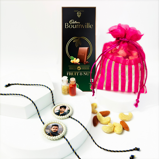 Customized Pearl Rakhi (Set of 2) with Dry Fruits & Chocolate Gift Combo