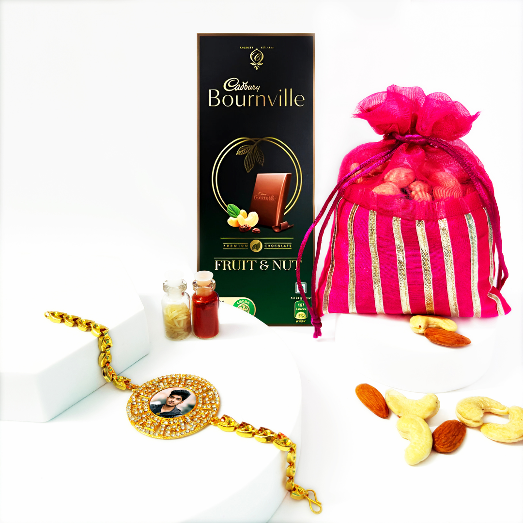 Customized Bracelet Rakhi with Dry Fruits & Chocolate Gift Combo