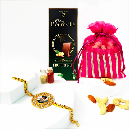 Customized Bracelet Rakhi with Dry Fruits & Chocolate Gift Combo