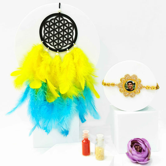Designer Car Dream Catcher with Personalized Bracelet Photo Rakhi – Rakshabandhan Combo Gift