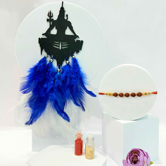 Shiva Theme Car Dream Catcher with Rudraksh Rakhi – Spiritual Combo Gift for Rakshabandhan