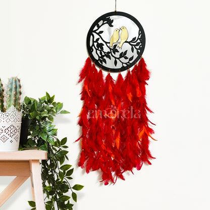 Love Birds Big Dream Catcher with Red & Orange Feathers