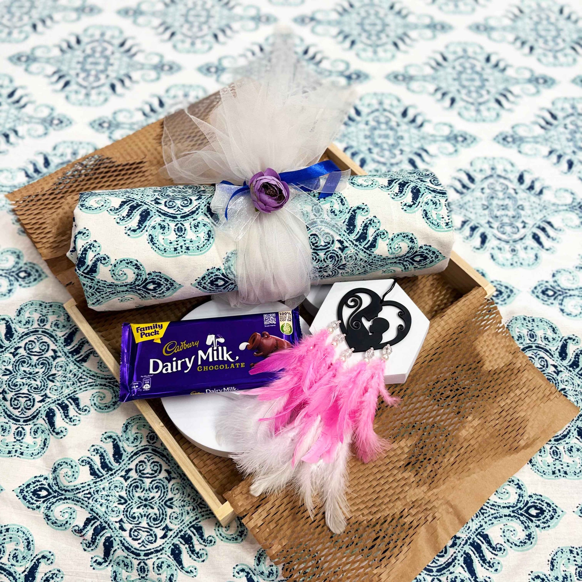 Mother’s Day Gift Hamper – Bedsheet + Dairy Milk + Car Dream Catcher Combo