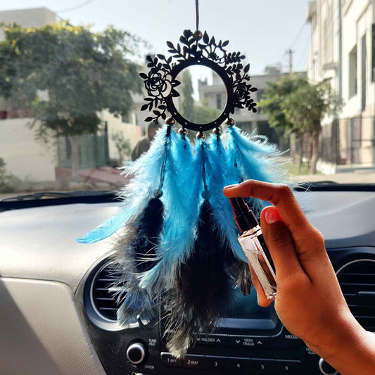 Floral Car Dream Catcher with Fragrance – Mother’s Day Gift, Blue & Black Feather Design