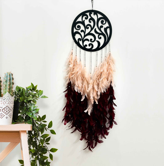 Designer Dream Catcher with Peach & Wine Feathers | Custom Wall Hanging for Mother’s Day or Home Décor