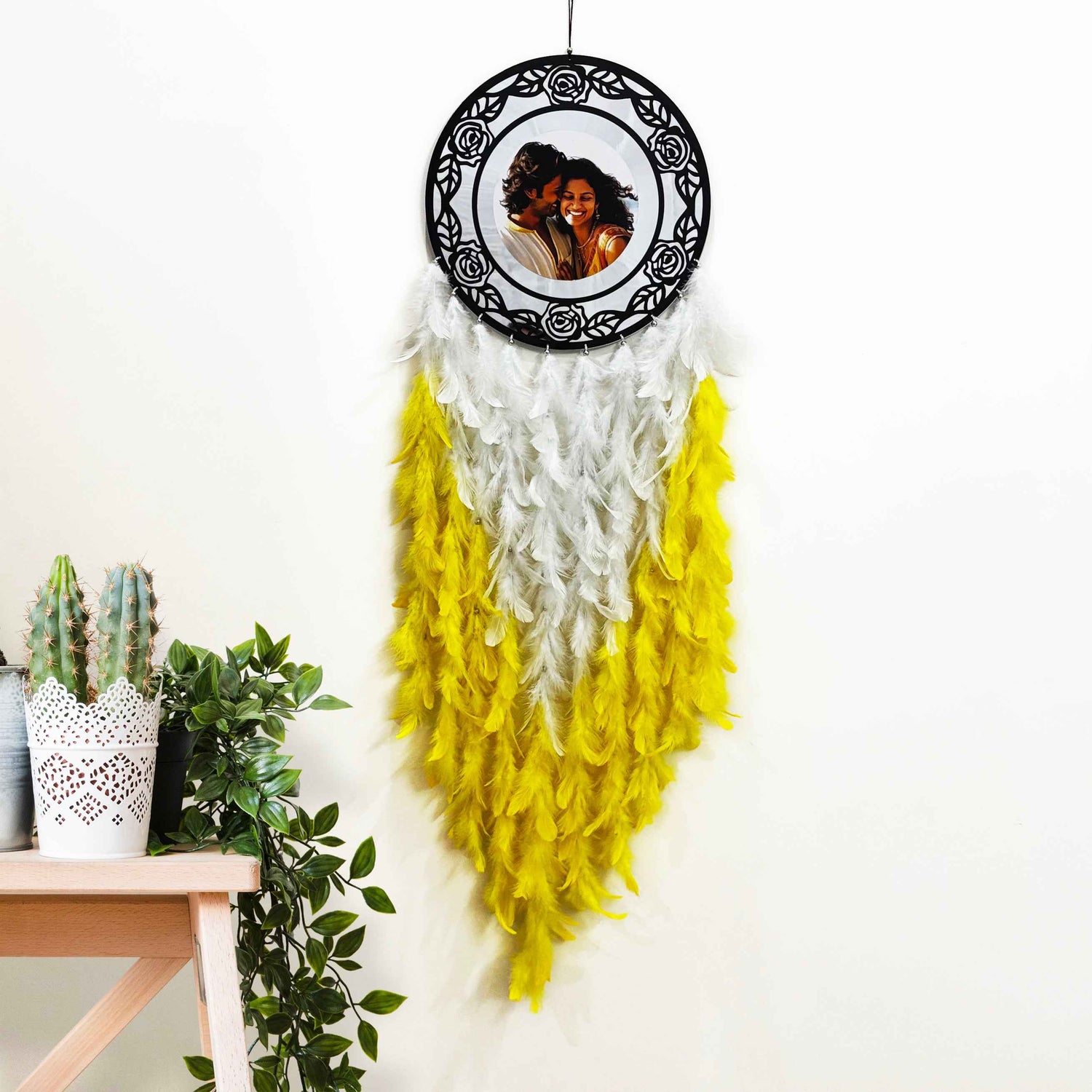 Yellow & White Floral Dream Catcher with Silver Mirror | Personalized Wall Hanging for Mother's Day