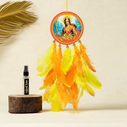 Divine Shree Ram Car Dream Catcher with Air Freshener - Yellow & Orange Feather Theme