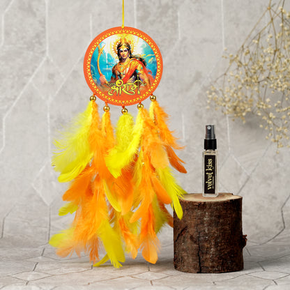 Divine Shree Ram Car Dream Catcher with Air Freshener - Yellow & Orange Feather Theme