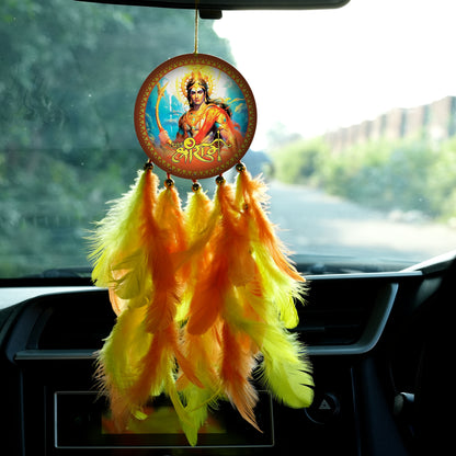 Divine Shree Ram Car Dream Catcher with Air Freshener - Yellow & Orange Feather Theme