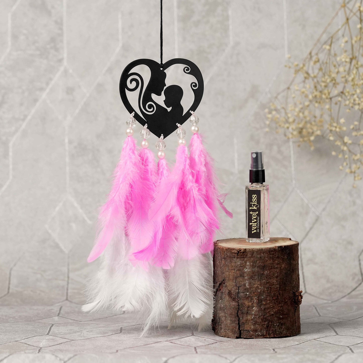 Mother’s Day Car Hanging Dream Catcher – With Fragrance, Pink & White Feathers