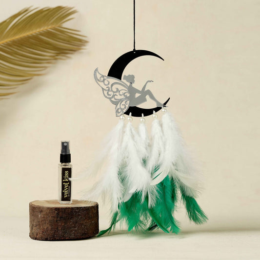 Fairy on Moon Car Dream Catcher with Air Freshener – White & Green or Blue Feather Theme