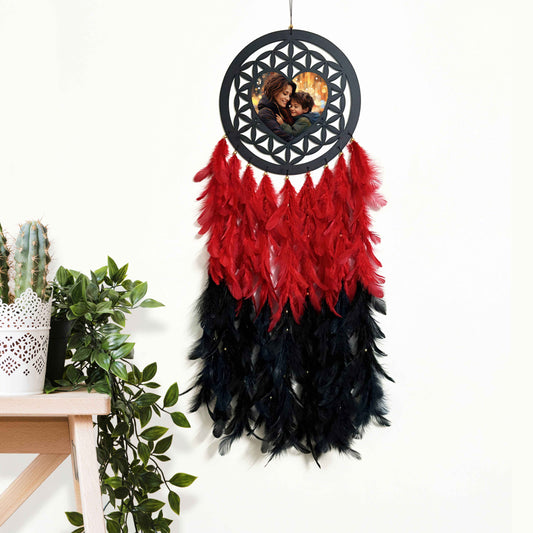 Personalized Red & Black Feather Dream Catcher with Photo | Heart & Love Theme | Mother's Day Special
