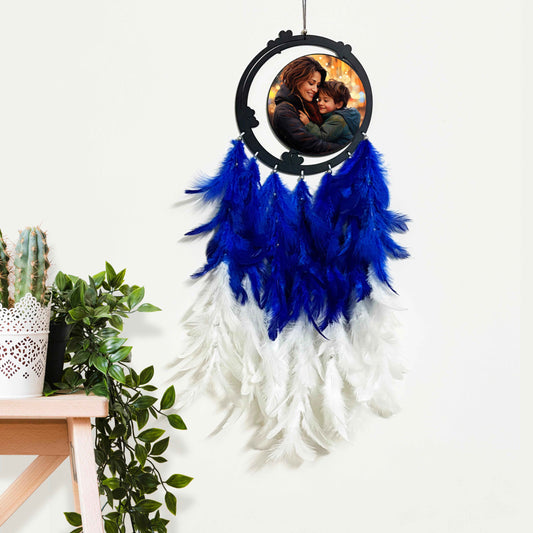 Personalized Blue & White Feather Dream Catcher with Photo | Custom Wall Décor for Mother’s Day or Gifting