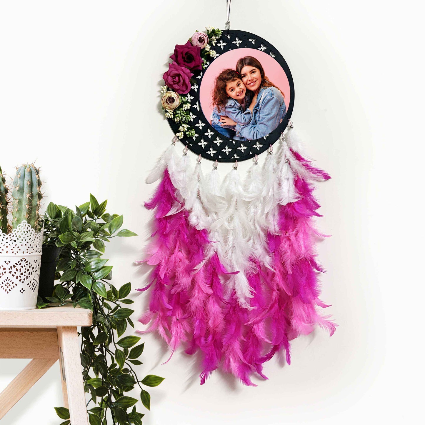 Personalized Pink & White Floral Dream Catcher with Photo | Custom Wall Décor for Mother’s Day & Special Gifting