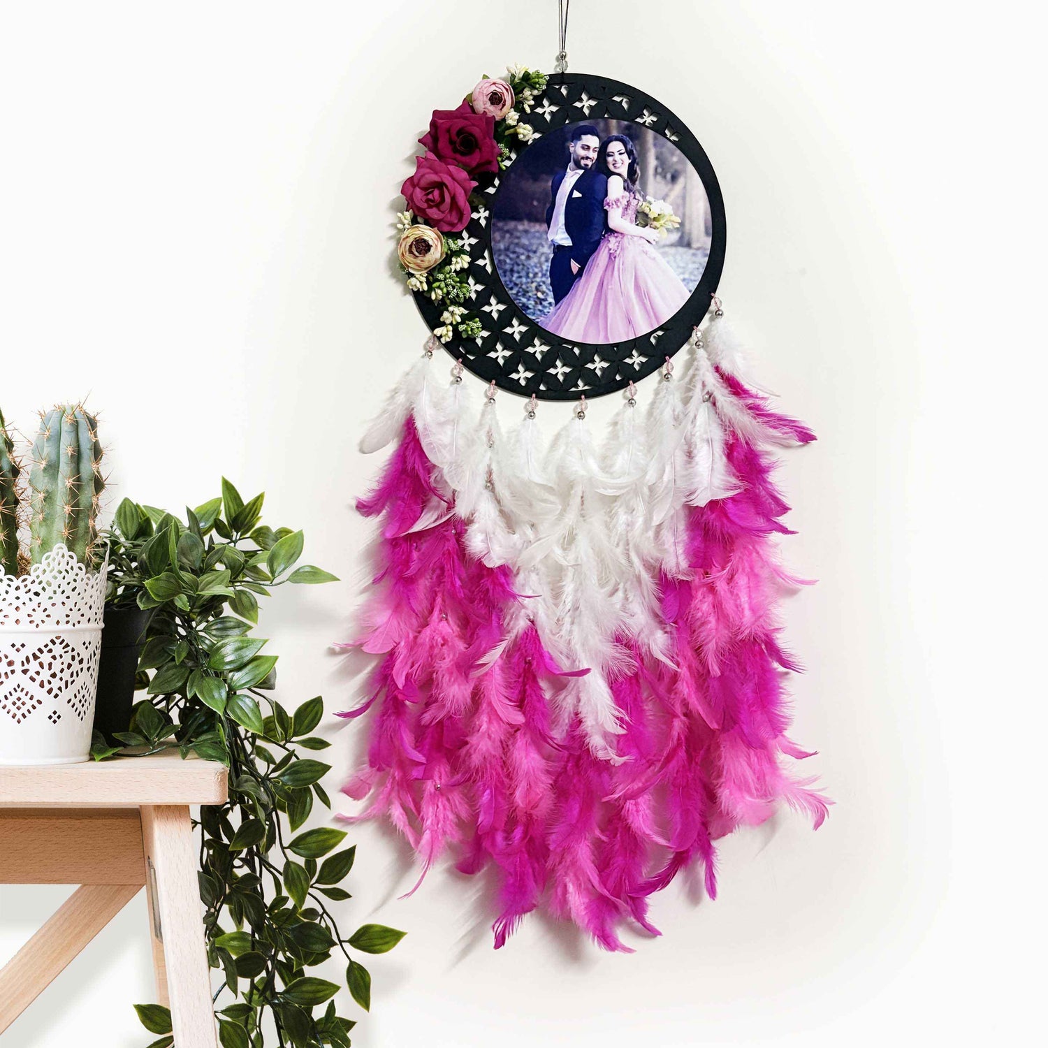 Personalized Floral Dream Catcher with Photo Frame - Pink & White Feathers