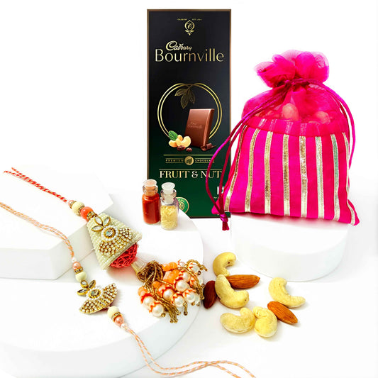 Pair Orange Lumba Rakhi with Nuts and Chocolate