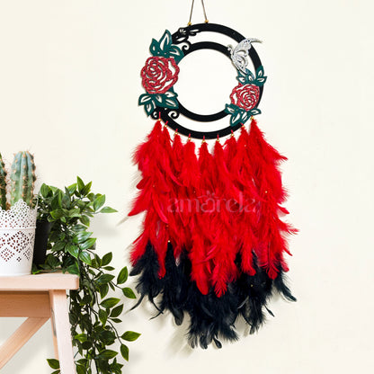 Elegant Floral Personalized Dream Catcher - Red & Black Feathers