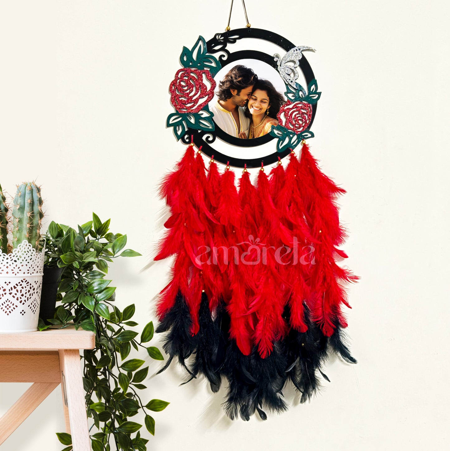 Elegant Floral Personalized Dream Catcher - Red & Black Feathers