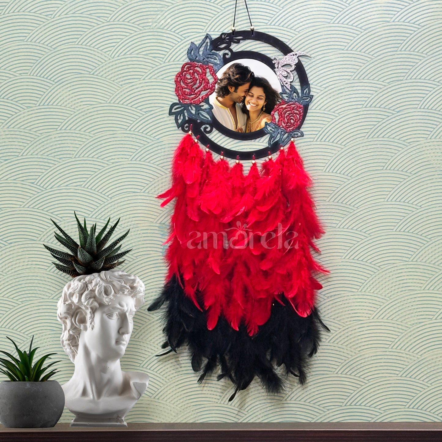 Elegant Floral Personalized Dream Catcher - Red & Black Feathers