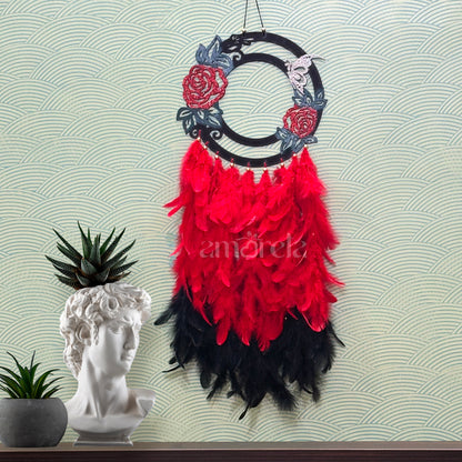 Elegant Floral Personalized Dream Catcher - Red & Black Feathers